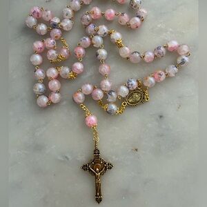 Elegant Pink and Gold 8mm Glass Beaded Rosary Necklace